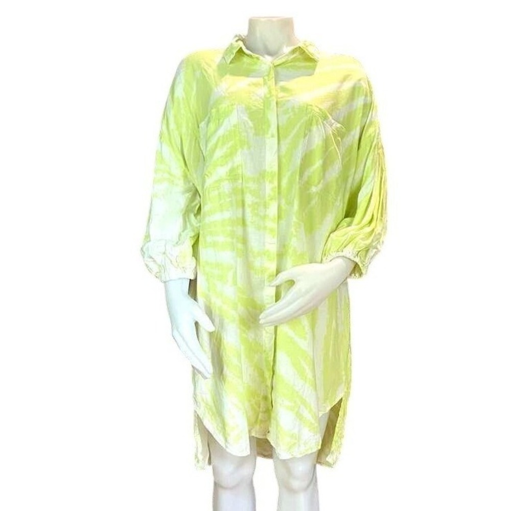 Young Fabulous & Broke YFB Lime Green Tie Dye Linen Blend Shirt Dress Large Boho